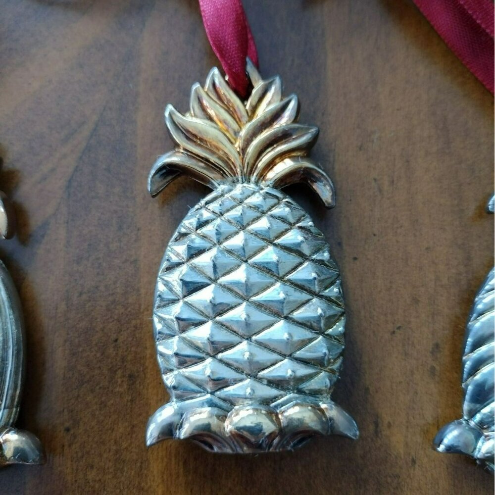 Lenox Williamsburg Pineapple Silverplate Ornaments Set Of 3 w/ Box, Silver Gold - Picture 9 of 9